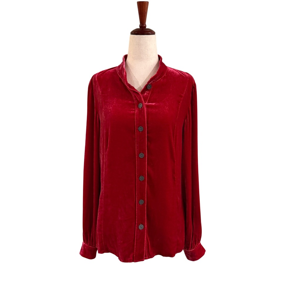 J. Jill Velvet Button Down Women XS Red Silk Blend Peplum Romantic Holiday